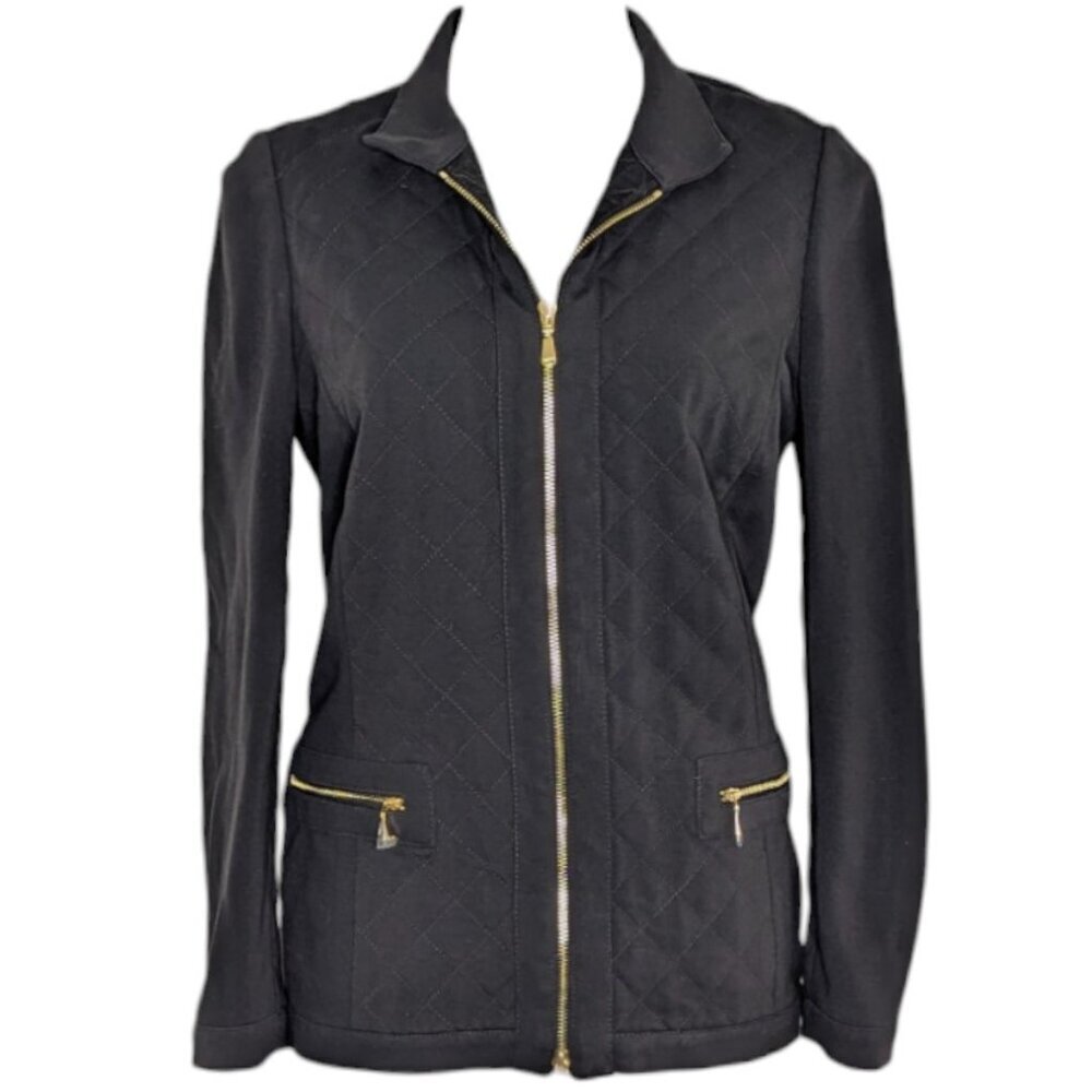 Carlisle Black Quilted Front Detail Gold Zipper Collared Jacket